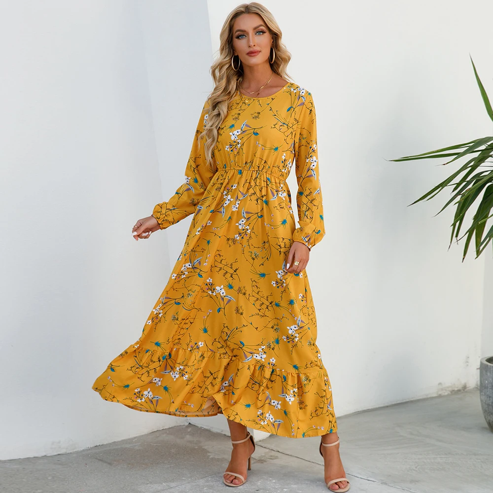 Women Maxi Dresses Sping Autumn Bohemian Casual Full Sleeve High Waist Beach Woman Chiffon Dresses Floral Vestidoes Long Dress thumbnail 2