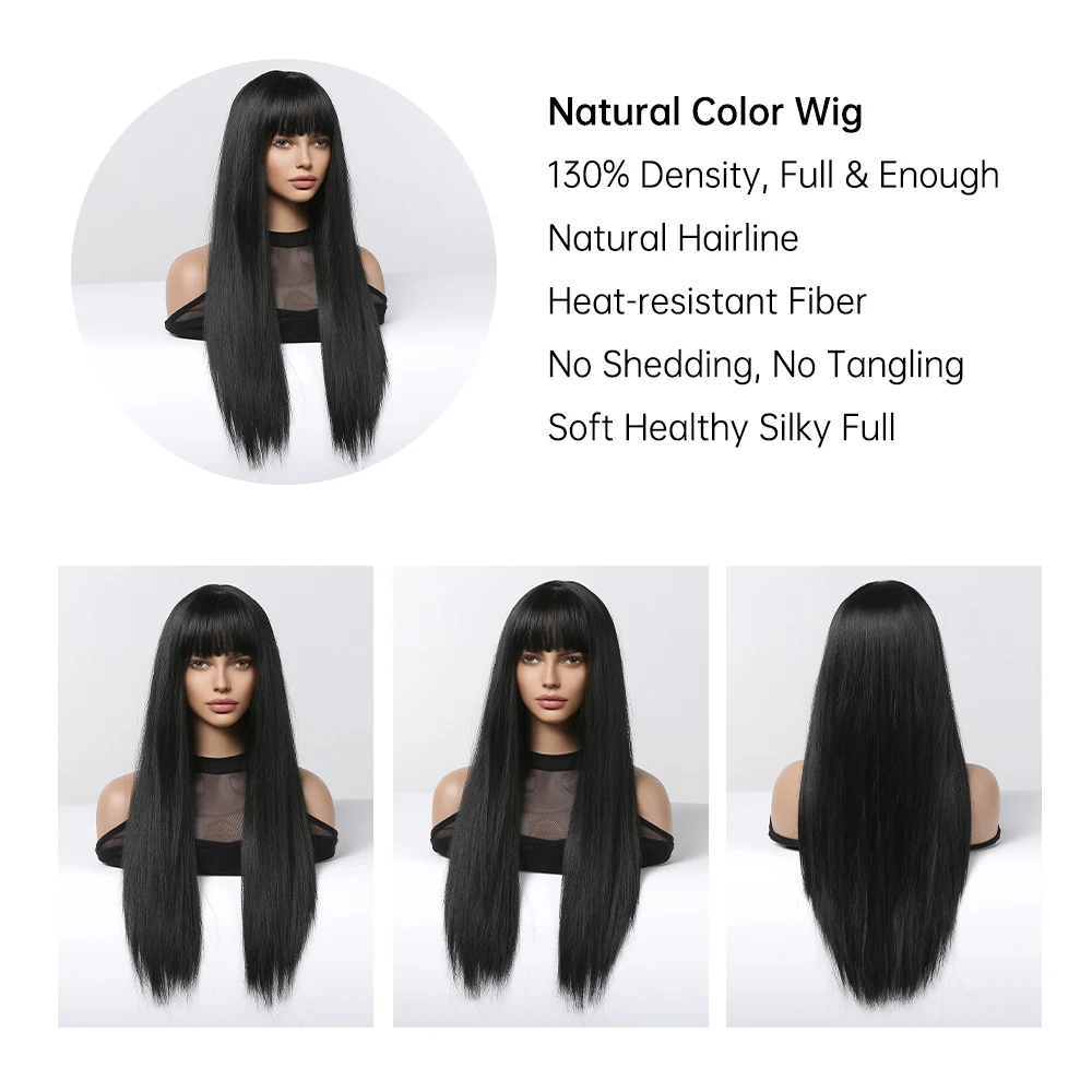 EASIHAIR Long Silky Straight Synthetic Wigs with Bangs Black Cosplay Party Lolita Hair Wigs for Women Natural Heat Resistant Wig thumbnail 2