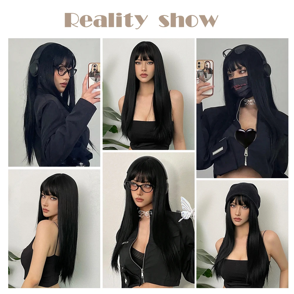 EASIHAIR Long Silky Straight Synthetic Wigs with Bangs Black Cosplay Party Lolita Hair Wigs for Women Natural Heat Resistant Wig thumbnail 5
