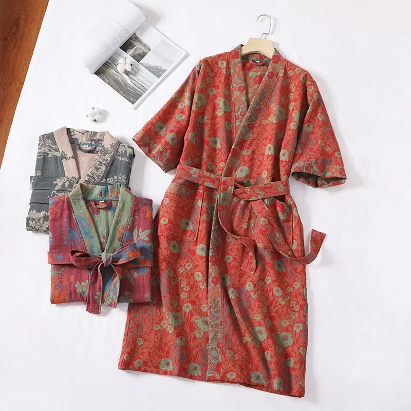 Spring / Summer Pure Cotton Double Layer Gauze Bathrobe Thin Dyed Fabric Home Clothing Couples Japanese Style Kimono Robe Pajama thumbnail 2