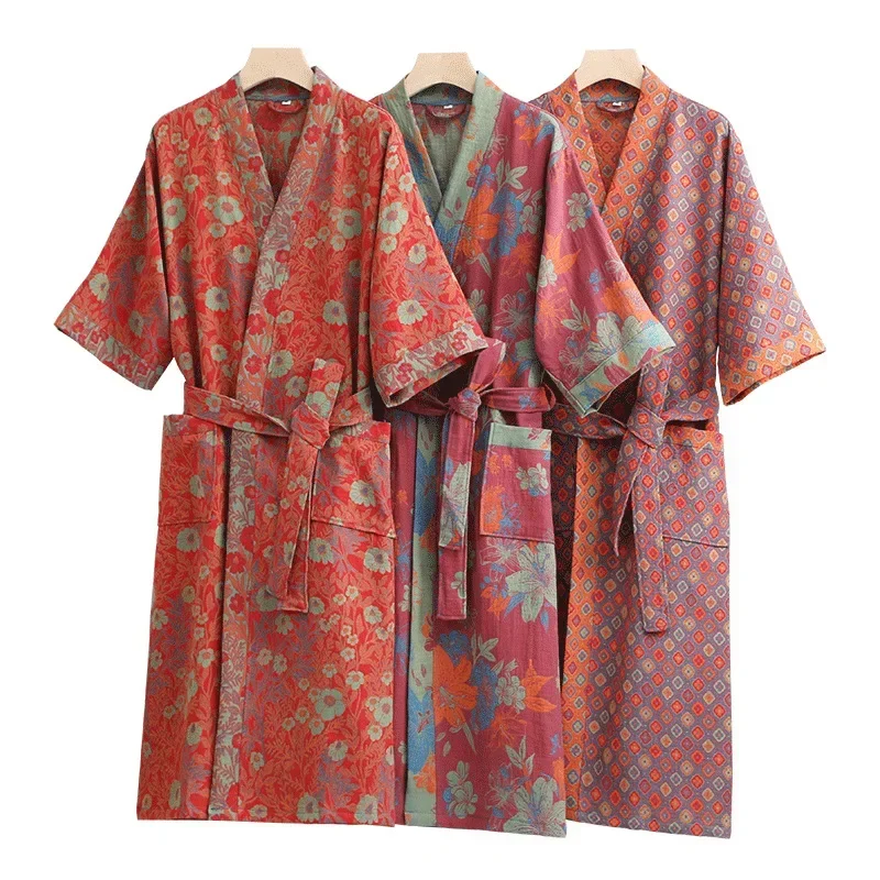 Spring / Summer Pure Cotton Double Layer Gauze Bathrobe Thin Dyed Fabric Home Clothing Couples Japanese Style Kimono Robe Pajama thumbnail 5
