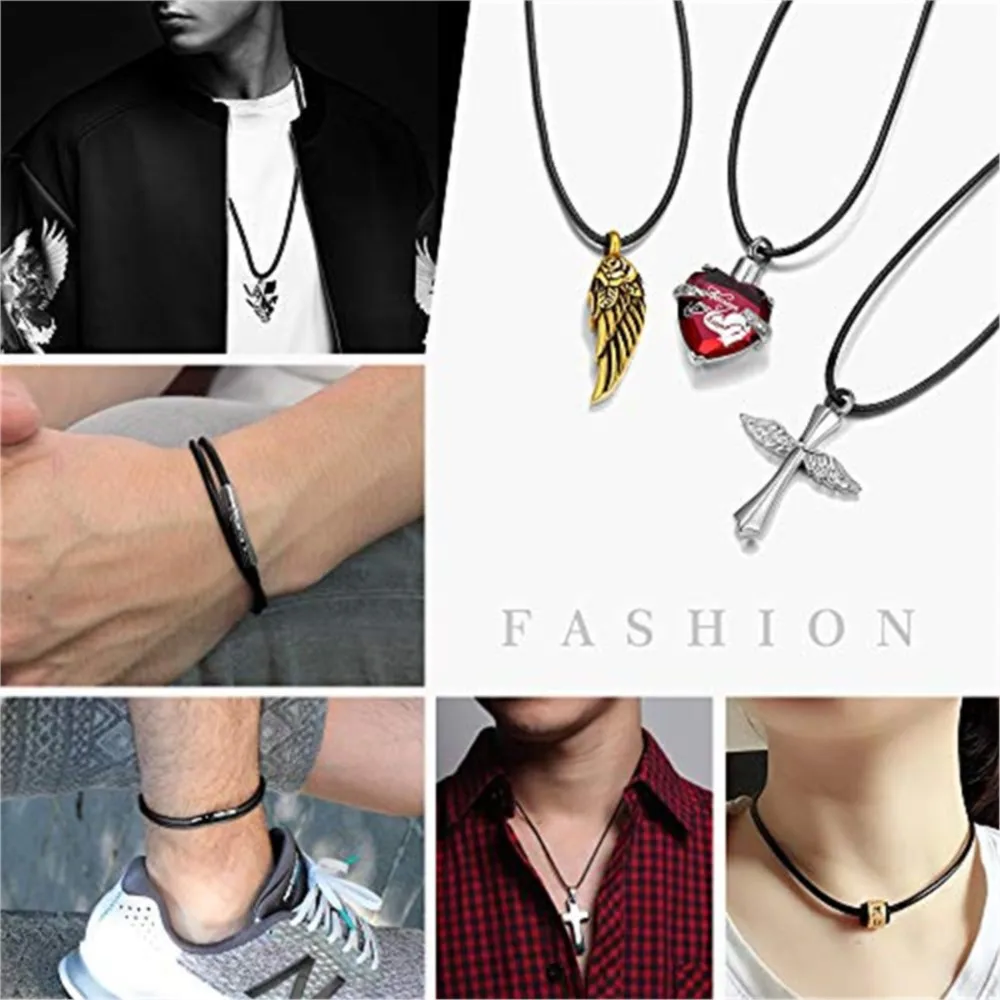 40-65cm 1-3mm Waterproof Braided Leather Necklace Cord Waxed Rope Stainless Steel Lobster Clasp Connector Chain for Men Women thumbnail 6