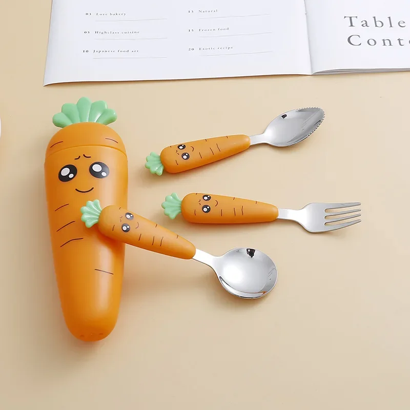 New Carrots Set Children Kids Dinnerware Stainless Steel Spoon Fork Flatware with Box Baby Feeding Kitchen Tableware Supplies thumbnail 2