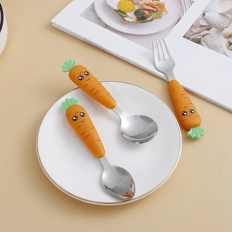 New Carrots Set Children Kids Dinnerware Stainless Steel Spoon Fork Flatware with Box Baby Feeding Kitchen Tableware Supplies thumbnail 4