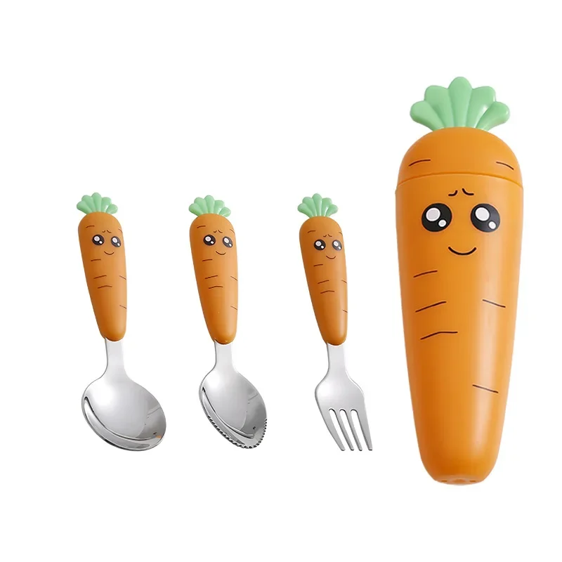New Carrots Set Children Kids Dinnerware Stainless Steel Spoon Fork Flatware with Box Baby Feeding Kitchen Tableware Supplies thumbnail 5