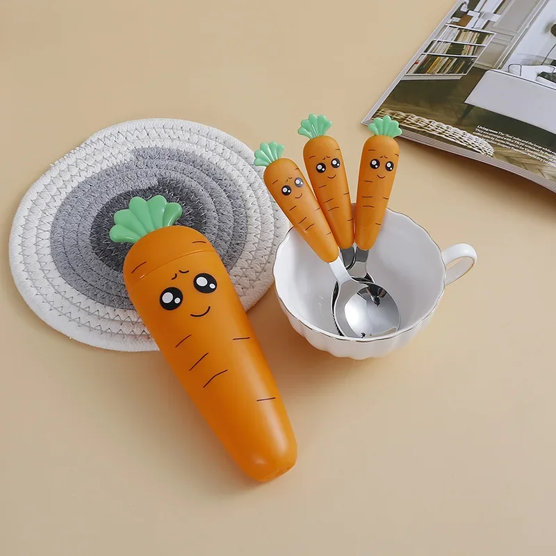 New Carrots Set Children Kids Dinnerware Stainless Steel Spoon Fork Flatware with Box Baby Feeding Kitchen Tableware Supplies thumbnail 3