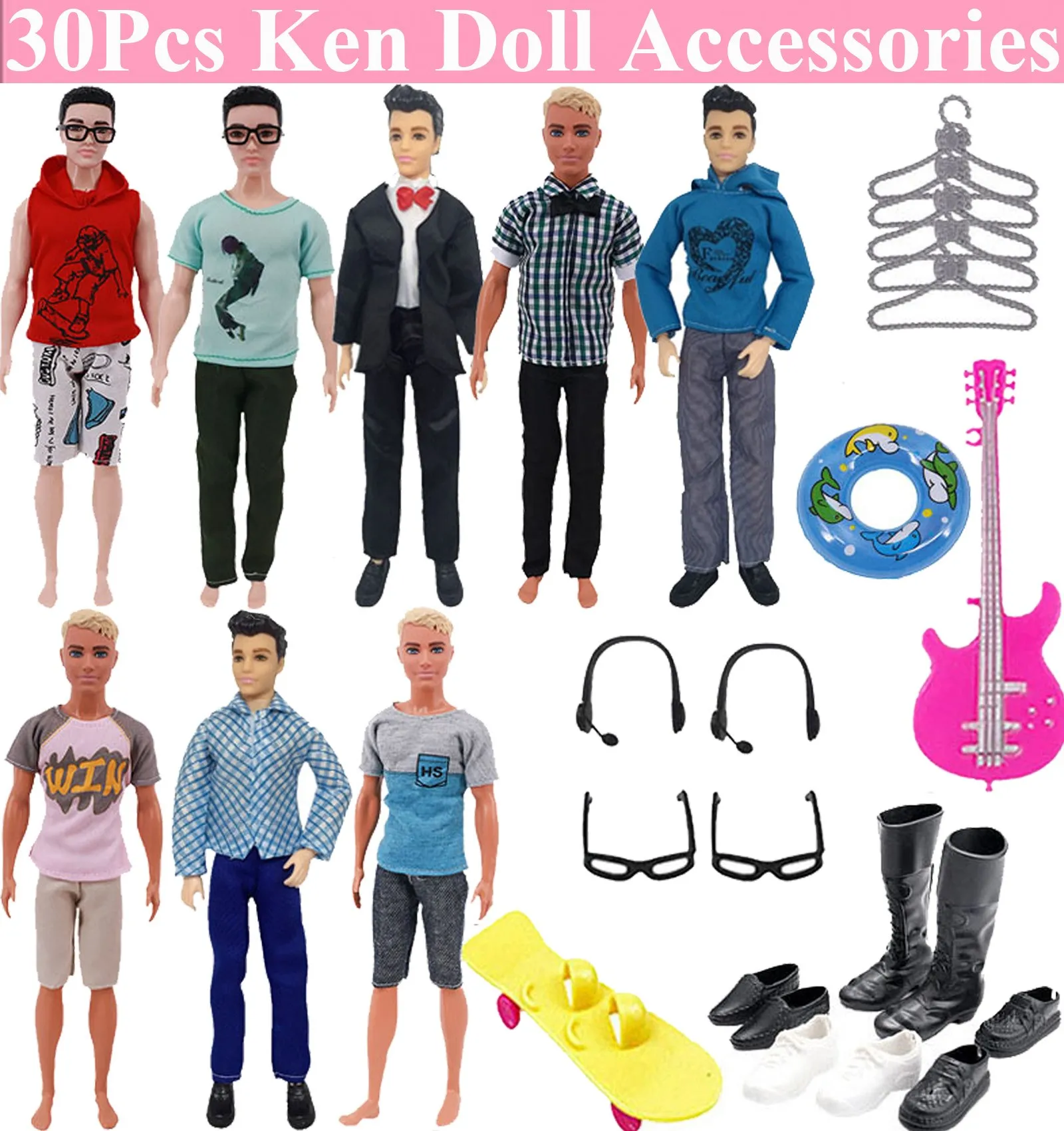 30Pcs/Set Ken Doll Clothes FreeShipping Glasses Shoes Hangers Guitar Skateboard Headsets Accessories For Barbies Girl`s Toy DIY thumbnail 6