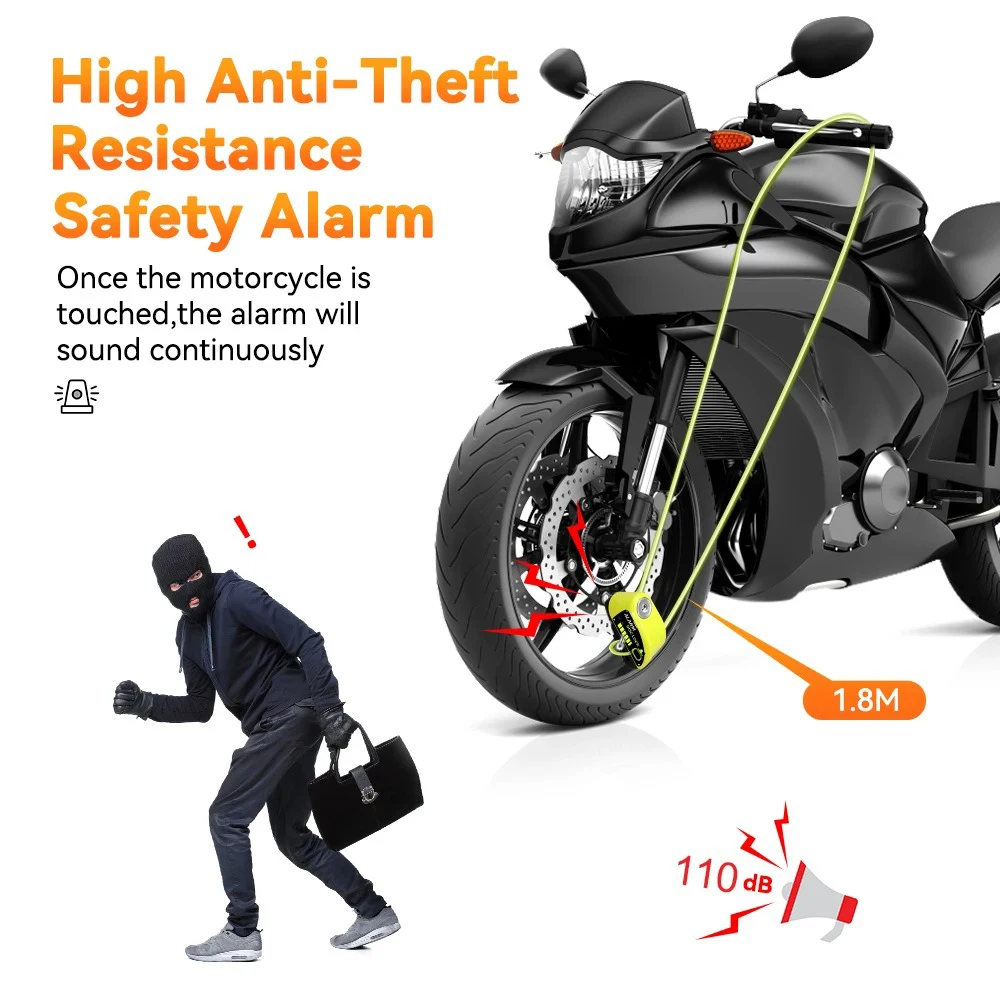 Extractme Motorcycle Disc Brake Locks Rechargeable 120dB Alarm Anti-Theft Security Wheel Disc Lock Waterproof with 1.8M Cable thumbnail 2