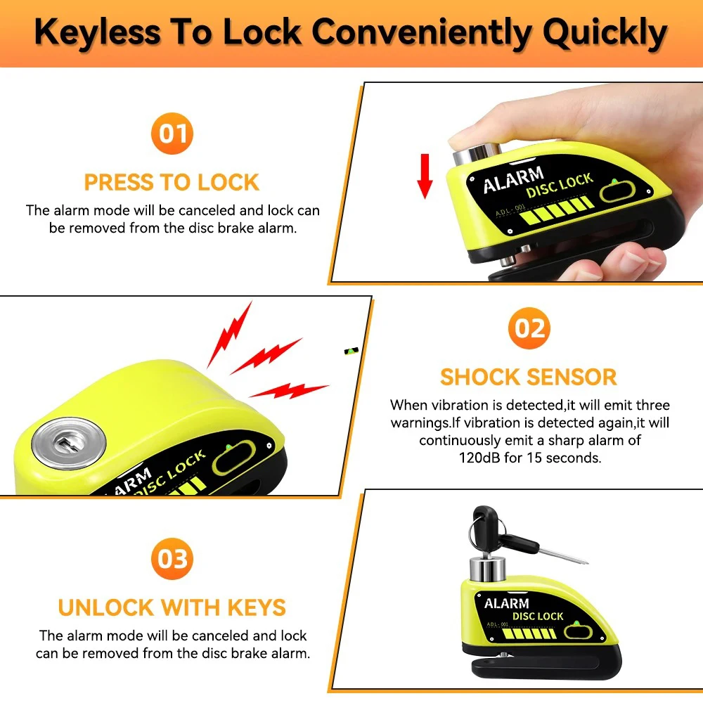 Extractme Motorcycle Disc Brake Locks Rechargeable 120dB Alarm Anti-Theft Security Wheel Disc Lock Waterproof with 1.8M Cable thumbnail 3