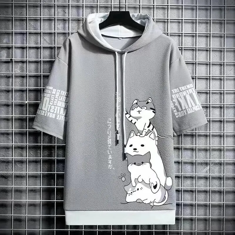 Japan Fashion Men's Hoodies Summer Men Clothing Cartoon Casual Harajuku Streetwear Print Hooded Top Short Sleeve Sweatshirts Men thumbnail 3