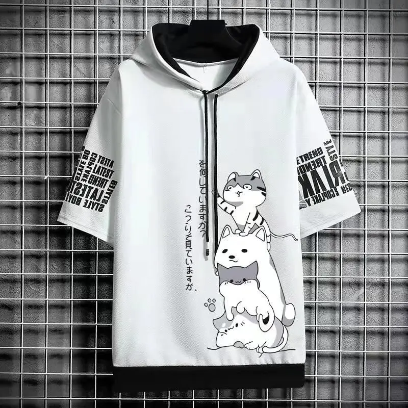 Japan Fashion Men's Hoodies Summer Men Clothing Cartoon Casual Harajuku Streetwear Print Hooded Top Short Sleeve Sweatshirts Men thumbnail 4