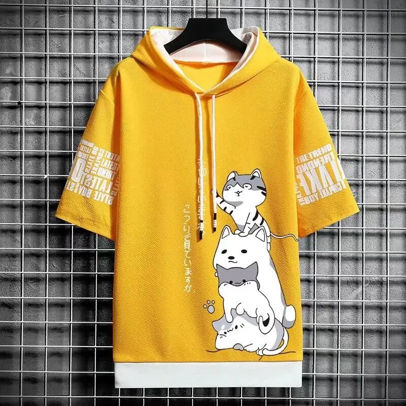 Japan Fashion Men's Hoodies Summer Men Clothing Cartoon Casual Harajuku Streetwear Print Hooded Top Short Sleeve Sweatshirts Men thumbnail 2