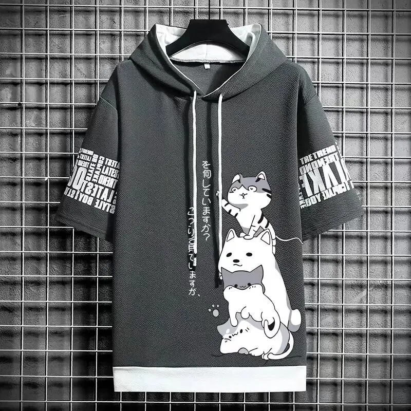 Japan Fashion Men's Hoodies Summer Men Clothing Cartoon Casual Harajuku Streetwear Print Hooded Top Short Sleeve Sweatshirts Men thumbnail 6
