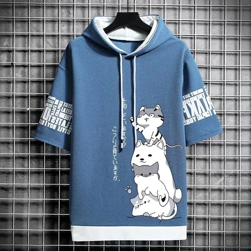 Japan Fashion Men's Hoodies Summer Men Clothing Cartoon Casual Harajuku Streetwear Print Hooded Top Short Sleeve Sweatshirts Men thumbnail 5