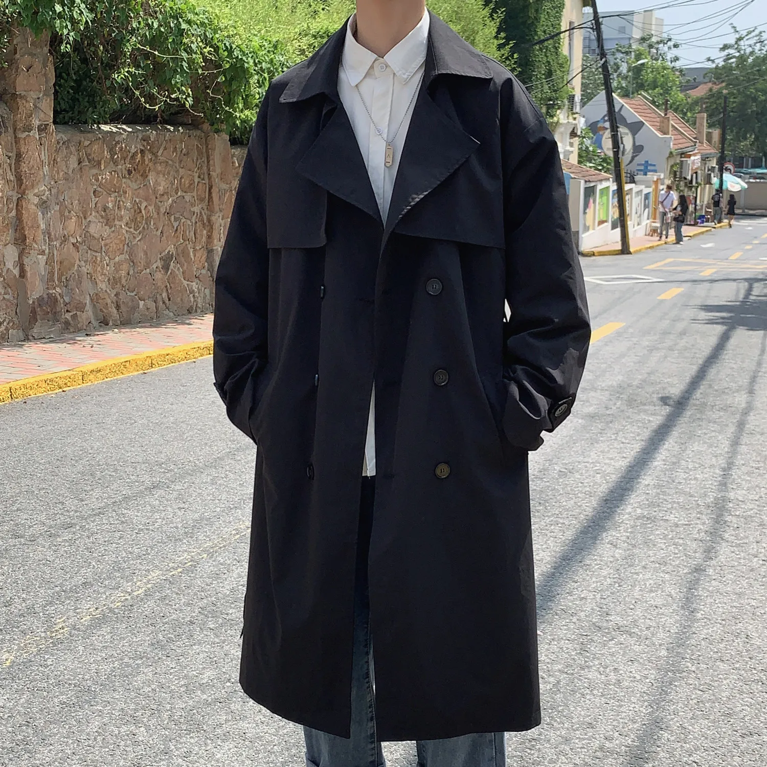 Korean style Spring Trench Coat Male Streetwear Windbreaker Trenchcoat Men Solid Business Casual Loose Long Overcoat thumbnail 2