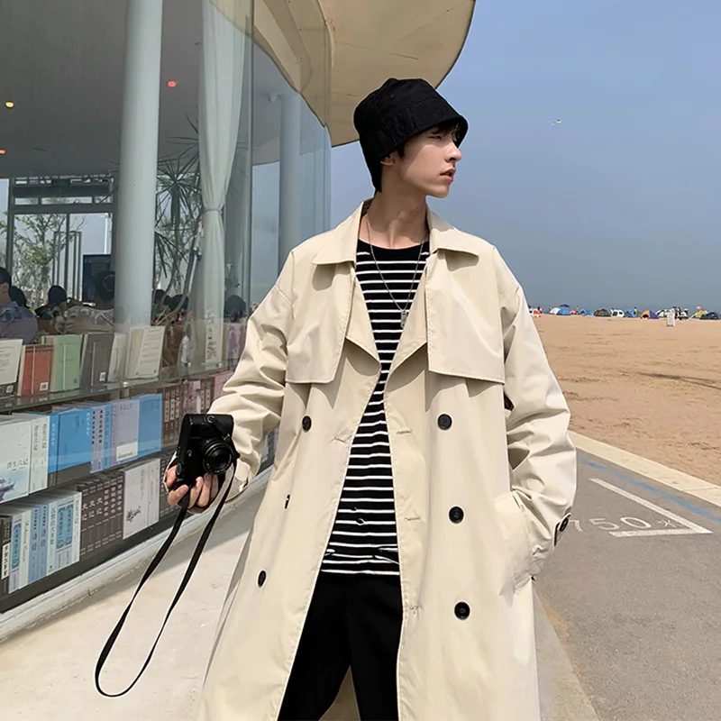Korean style Spring Trench Coat Male Streetwear Windbreaker Trenchcoat Men Solid Business Casual Loose Long Overcoat thumbnail 5