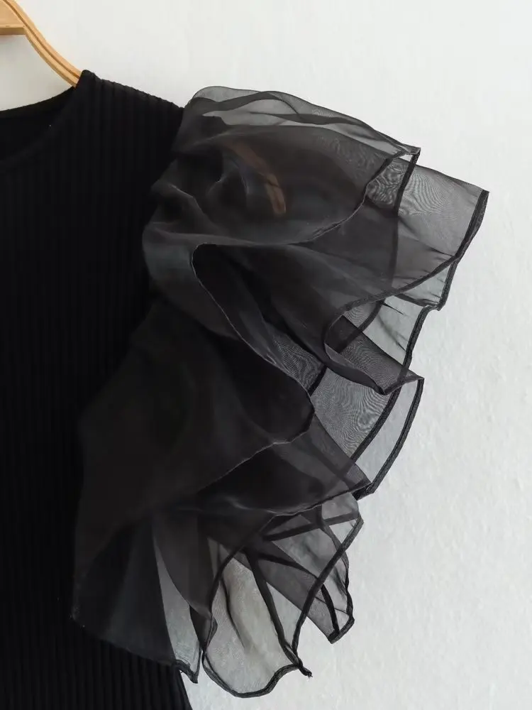 Willshela Women Fashion Black Ruffled Bodysuits Vintage O-Neck Sleeveless Female Chic Lady Tight Tops thumbnail 5