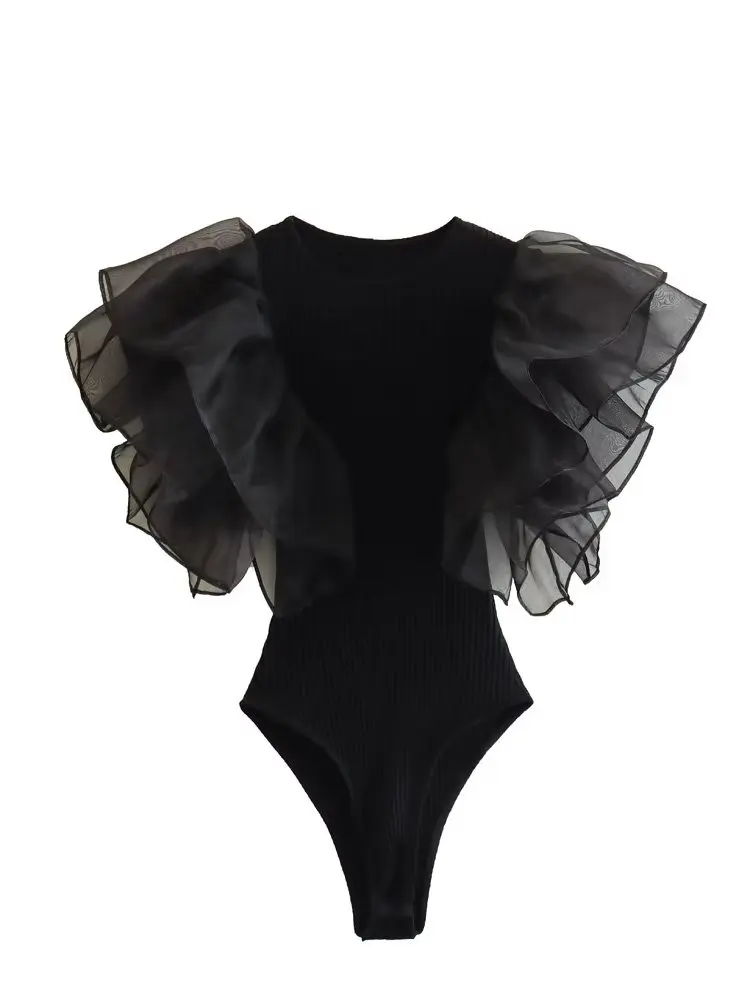 Willshela Women Fashion Black Ruffled Bodysuits Vintage O-Neck Sleeveless Female Chic Lady Tight Tops
