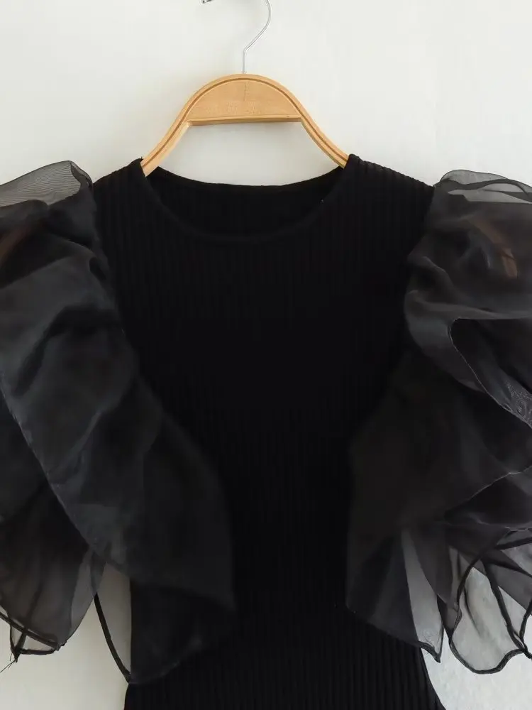 Willshela Women Fashion Black Ruffled Bodysuits Vintage O-Neck Sleeveless Female Chic Lady Tight Tops thumbnail 3