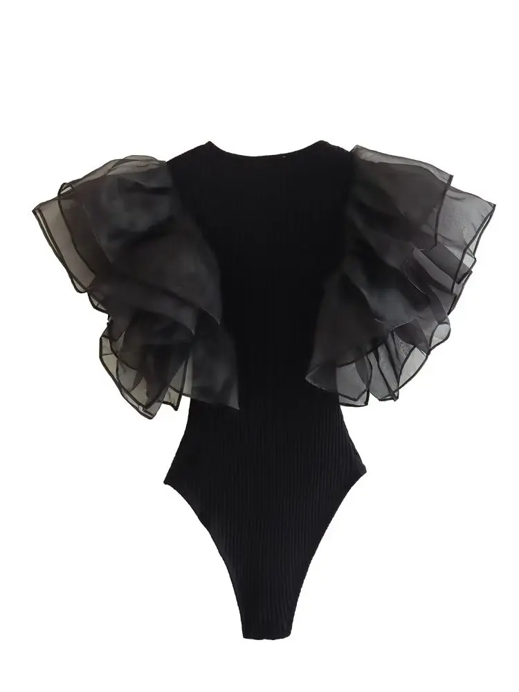 Willshela Women Fashion Black Ruffled Bodysuits Vintage O-Neck Sleeveless Female Chic Lady Tight Tops thumbnail 2