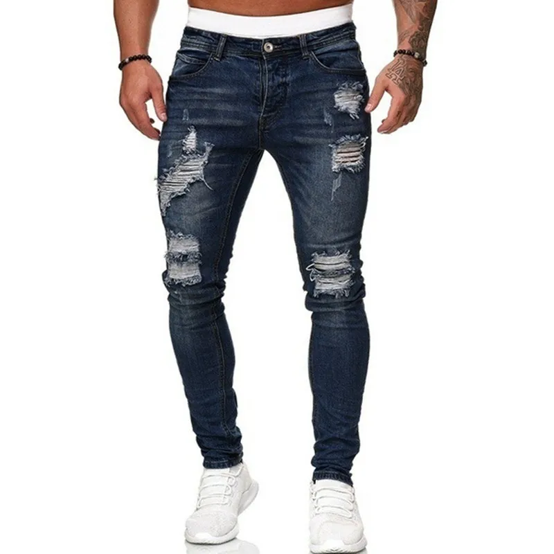 Fashion Street Style Ripped Skinny Jeans Men Vintage wash Solid Denim Trouser Mens Casual Slim fit pencil denim Pants hot sale thumbnail 4