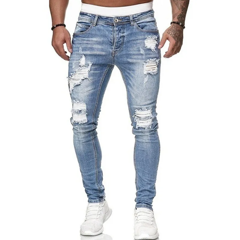 Fashion Street Style Ripped Skinny Jeans Men Vintage wash Solid Denim Trouser Mens Casual Slim fit pencil denim Pants hot sale thumbnail 2