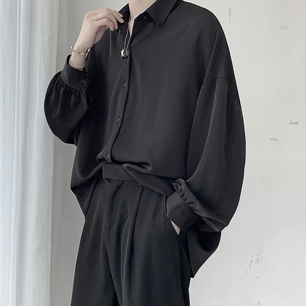 Free Black Tie Long-sleeved Shirts Men Korean Comfortable Blouses Casual Loose Single Breasted Shirt Mens Tshirt Harajuku thumbnail 5