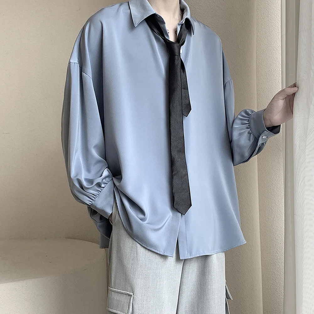 Free Black Tie Long-sleeved Shirts Men Korean Comfortable Blouses Casual Loose Single Breasted Shirt Mens Tshirt Harajuku thumbnail 3