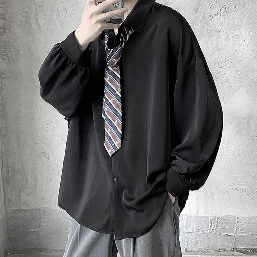 Free Black Tie Long-sleeved Shirts Men Korean Comfortable Blouses Casual Loose Single Breasted Shirt Mens Tshirt Harajuku thumbnail 4