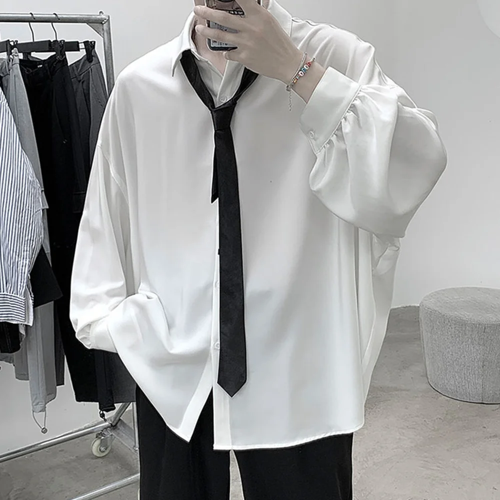 Free Black Tie Long-sleeved Shirts Men Korean Comfortable Blouses Casual Loose Single Breasted Shirt Mens Tshirt Harajuku thumbnail 2