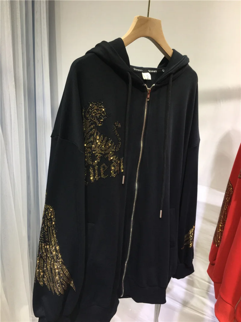 Plus Size Women Clothing Rhinestones Zip Up Hoodies & Sweatshirt Women Men Winter Autumn Luxury Brand Hoodie Woman Blouse thumbnail 3