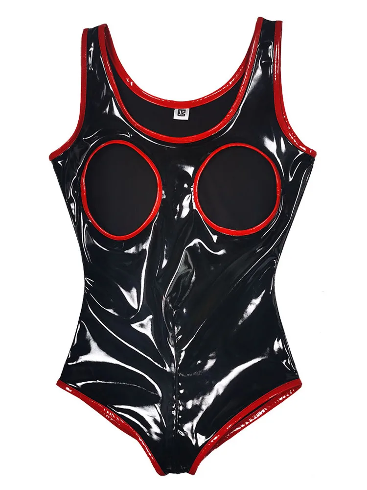 S-5XL Sleeveless Wet Look PVC Catsuit Shiny PU Leather Zipper Open Crotch Bodysuit Hollow Out Swimsuit Tights Sexy Body Teddies thumbnail 2