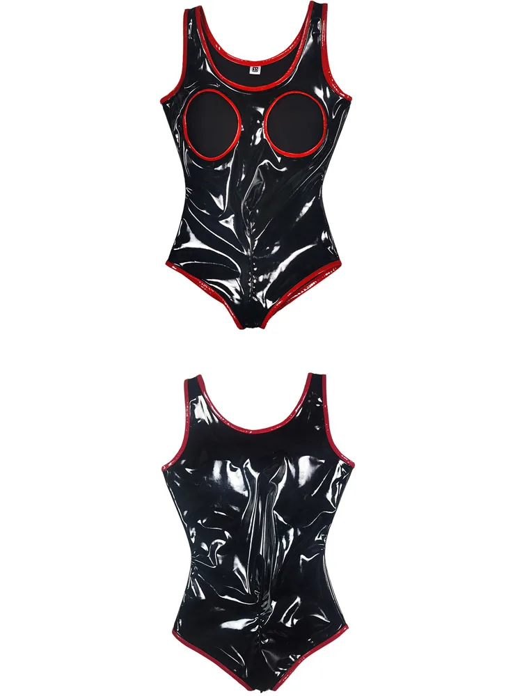 S-5XL Sleeveless Wet Look PVC Catsuit Shiny PU Leather Zipper Open Crotch Bodysuit Hollow Out Swimsuit Tights Sexy Body Teddies thumbnail 5