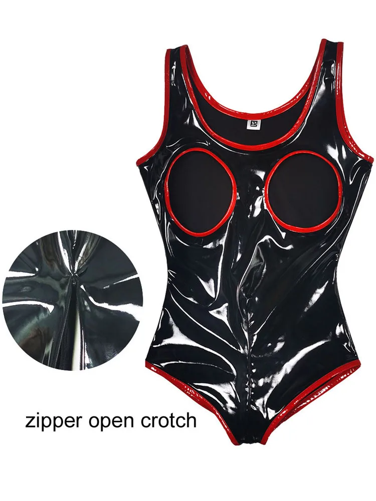 S-5XL Sleeveless Wet Look PVC Catsuit Shiny PU Leather Zipper Open Crotch Bodysuit Hollow Out Swimsuit Tights Sexy Body Teddies thumbnail 4