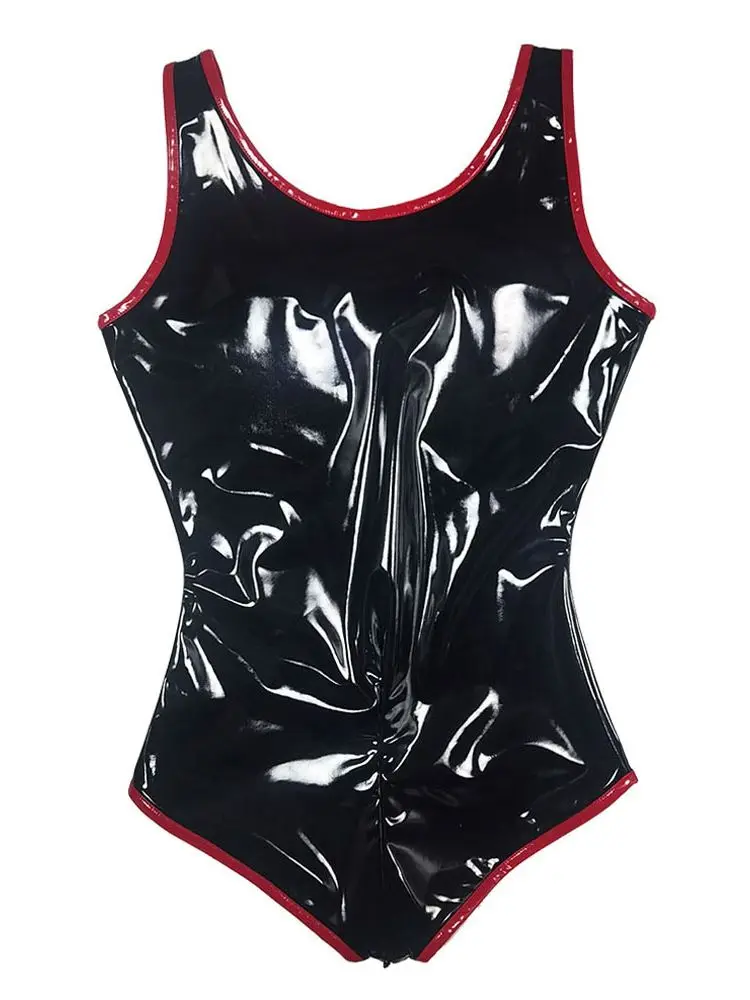 S-5XL Sleeveless Wet Look PVC Catsuit Shiny PU Leather Zipper Open Crotch Bodysuit Hollow Out Swimsuit Tights Sexy Body Teddies thumbnail 3