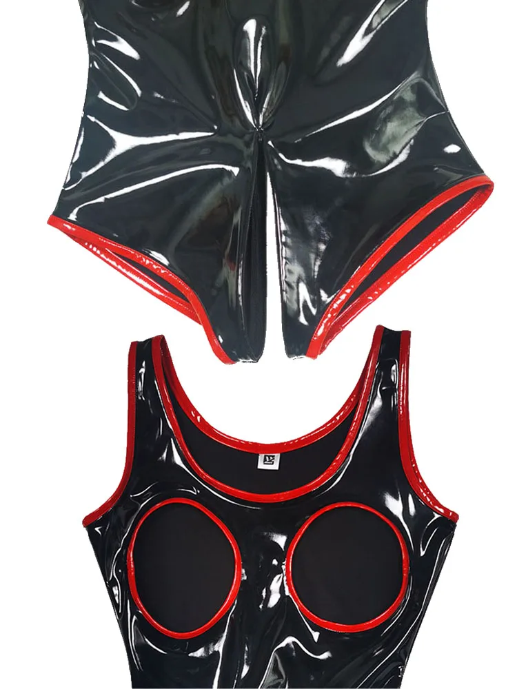S-5XL Sleeveless Wet Look PVC Catsuit Shiny PU Leather Zipper Open Crotch Bodysuit Hollow Out Swimsuit Tights Sexy Body Teddies thumbnail 6