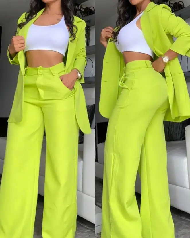 Two Pieces Set for Women Autumn 2024 New Fashion Casual Solid Daily Commuter Notched Collar Blazer Coat&pocket Design Pants Set thumbnail 6