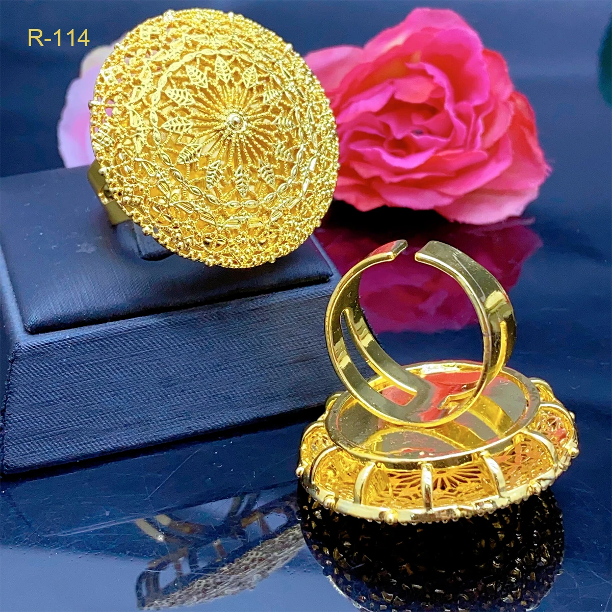 XUHUANG African Jewelry 24K Gold Color Large Women Rings Dubai Ethiopia Luxury Big Ring Suitable For Wedding And Party Gifts thumbnail 4