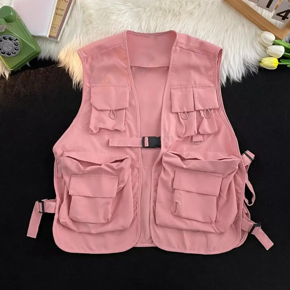 Multi Pockets Cargo Waistcoat Solid Color Hip Hop Style Women Men Cargo Waistcoat Sleeveless Loose Buckle Closure Jackets Vests thumbnail 3
