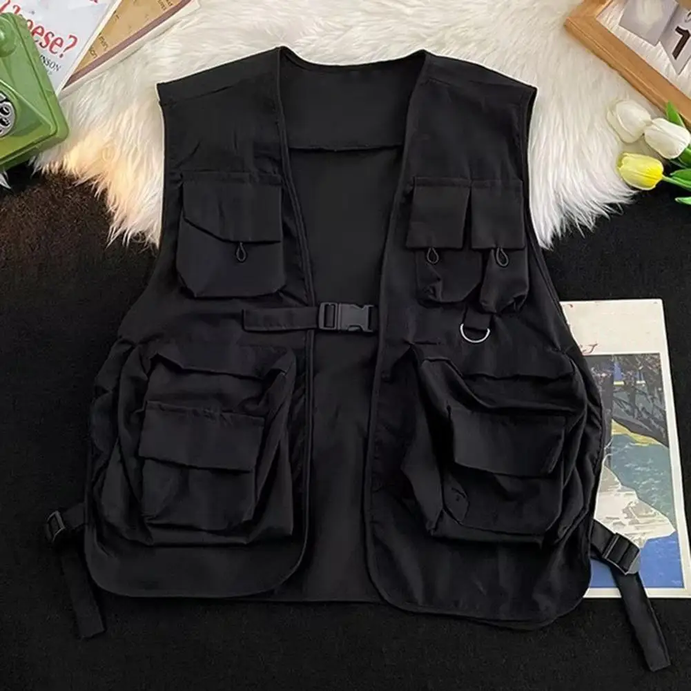 Multi Pockets Cargo Waistcoat Solid Color Hip Hop Style Women Men Cargo Waistcoat Sleeveless Loose Buckle Closure Jackets Vests thumbnail 2