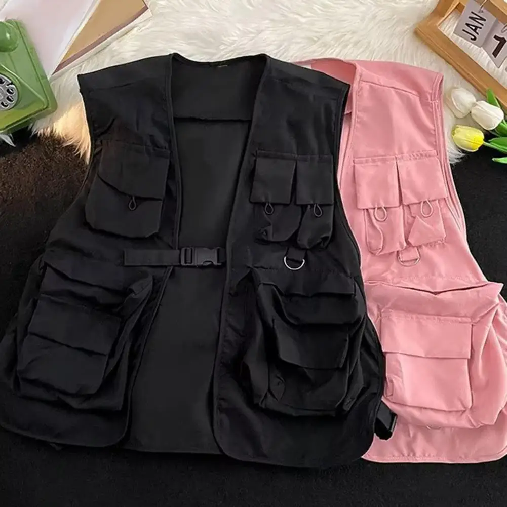 Multi Pockets Cargo Waistcoat Solid Color Hip Hop Style Women Men Cargo Waistcoat Sleeveless Loose Buckle Closure Jackets Vests thumbnail 4