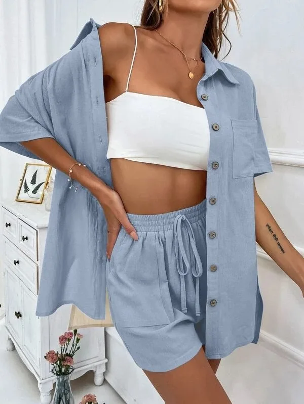 Long Sleeve Single breasted Top Broad legged Shorts Set Fashion Ladies Sexy Solid Suits 2024 Summer 2 Piece Outfits For Women thumbnail 4