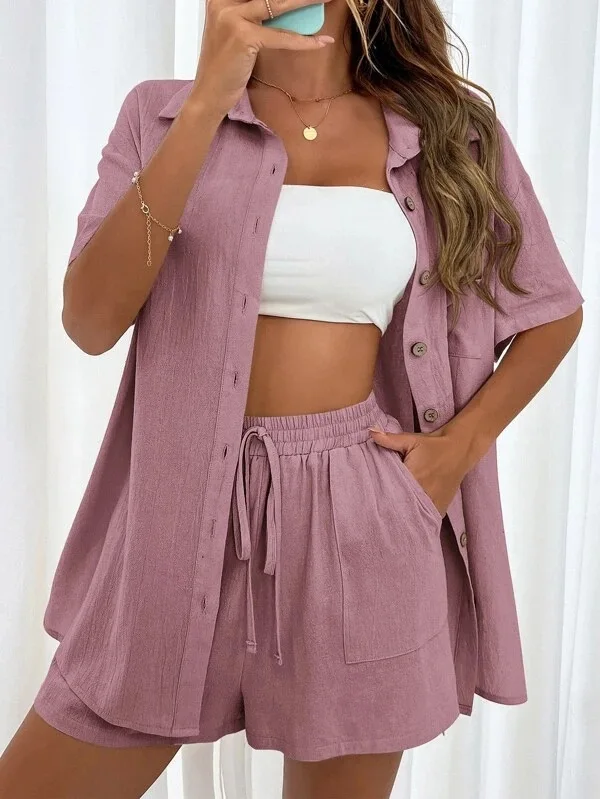 Long Sleeve Single breasted Top Broad legged Shorts Set Fashion Ladies Sexy Solid Suits 2024 Summer 2 Piece Outfits For Women thumbnail 5