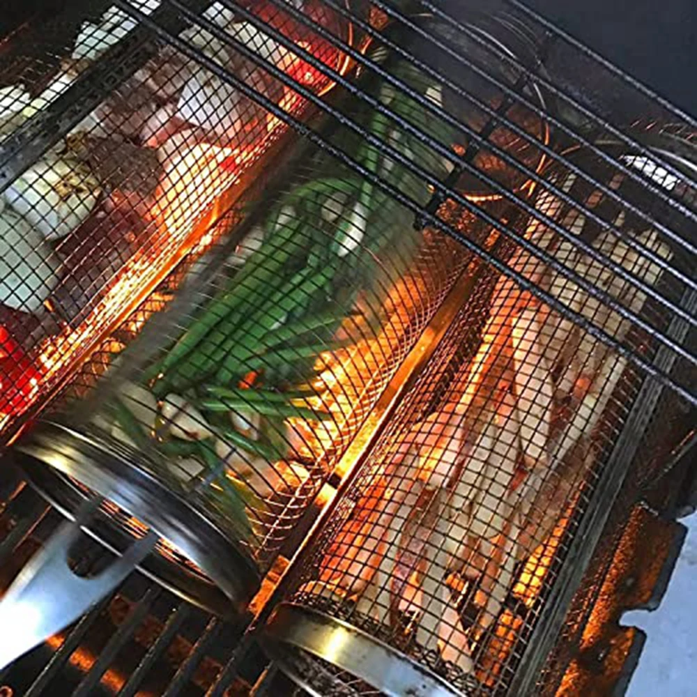 1-4pcs Rolling Grilling Basket Stainless Steel BBQ Grill Basket Mesh Portable Outdoor Camping Barbecue Rack kitchen accessories thumbnail 5