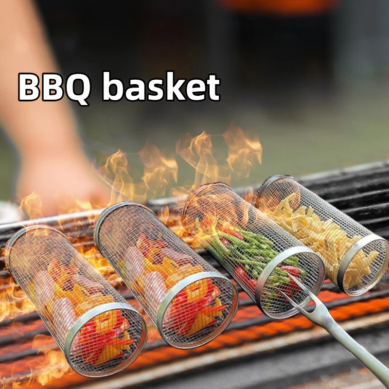 1-4pcs Rolling Grilling Basket Stainless Steel BBQ Grill Basket Mesh Portable Outdoor Camping Barbecue Rack kitchen accessories thumbnail 4