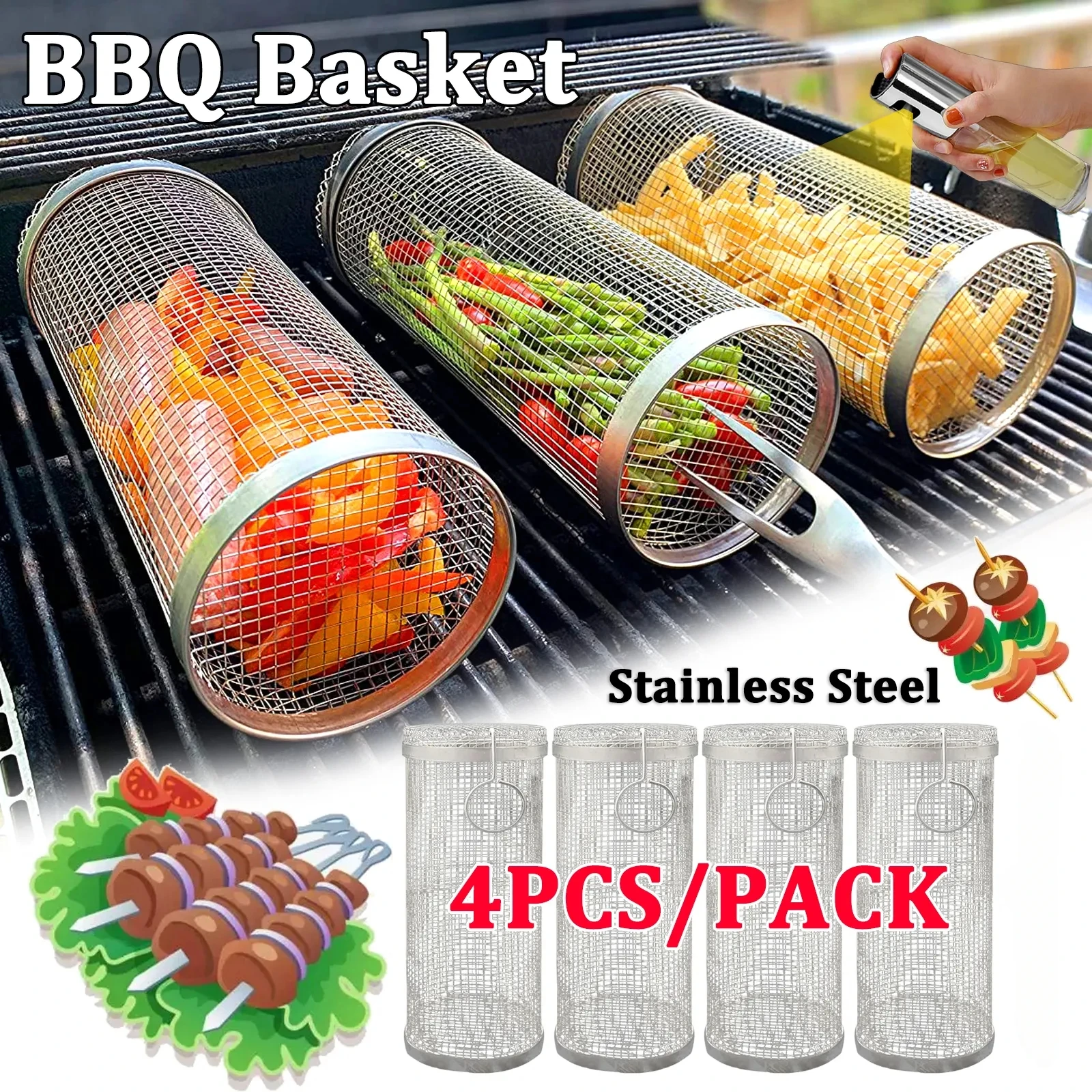 1-4pcs Rolling Grilling Basket Stainless Steel BBQ Grill Basket Mesh Portable Outdoor Camping Barbecue Rack kitchen accessories thumbnail 2