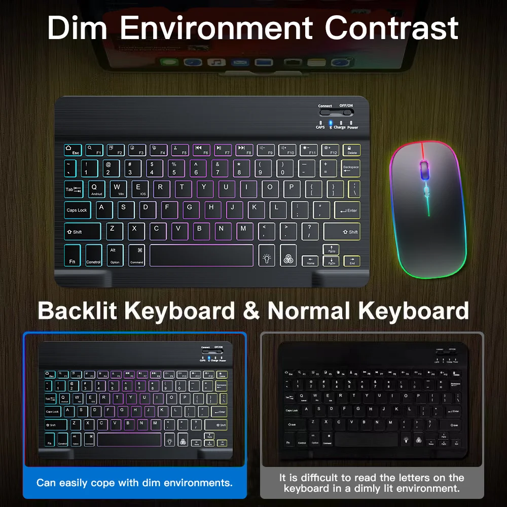 Backlit Backlight Wireless Keyboard And Mouse For iOS Android Windows Bluetooth Keyboard For Cell Phone Ipad 10 Inches Devices thumbnail 4