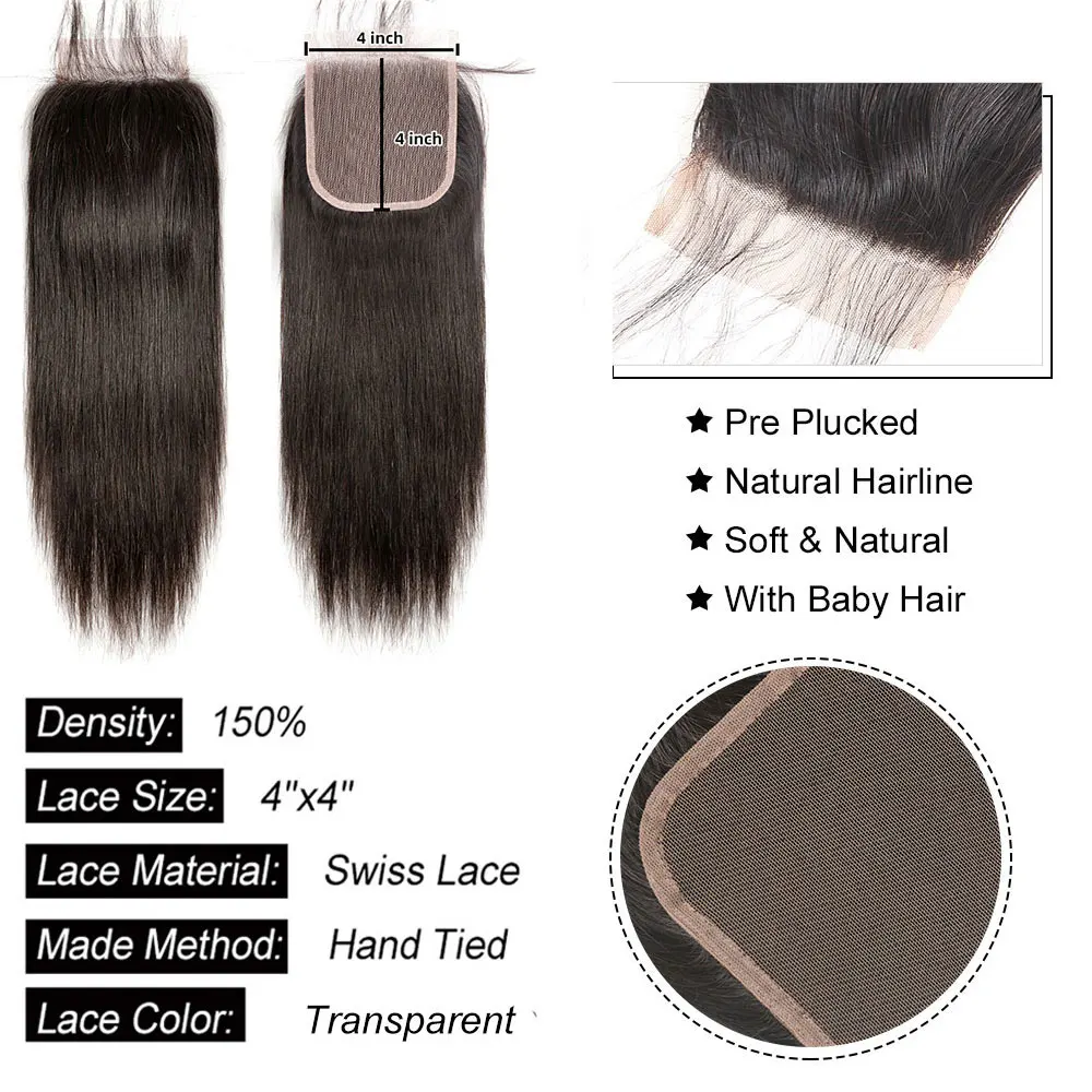 13x6 Lace Frontal Human Hair 4x4 5x5 Lace Closure Human Hair Straight Hair 6x6 Closure Transparent 13x4 Ear to Ear Lace  Frontal thumbnail 2