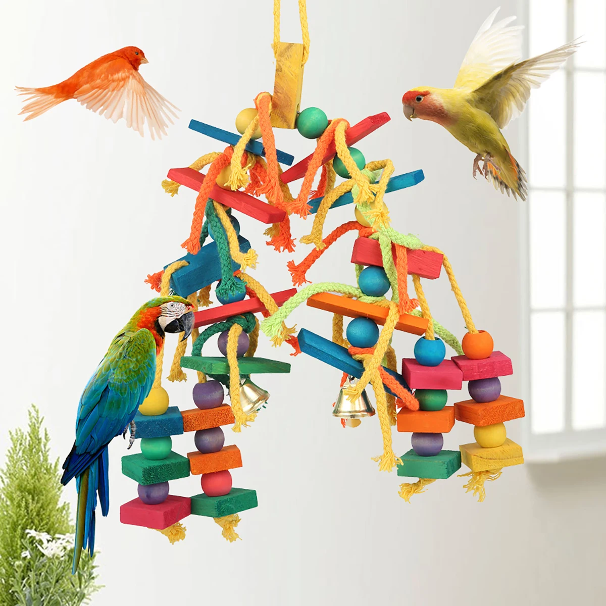 Safe Parrot Chew Toy with Hook Colorful Wooden Beads Ropes Natural Blocks Tearing Toys for Small Medium Birds Mini Macaw thumbnail 3