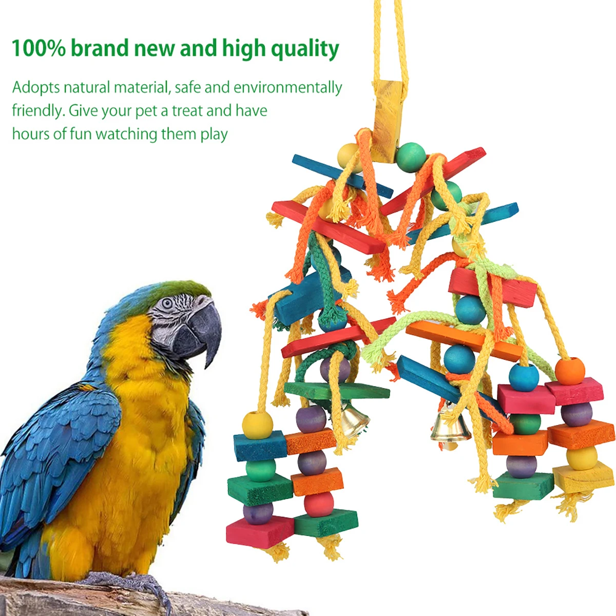 Safe Parrot Chew Toy with Hook Colorful Wooden Beads Ropes Natural Blocks Tearing Toys for Small Medium Birds Mini Macaw thumbnail 4